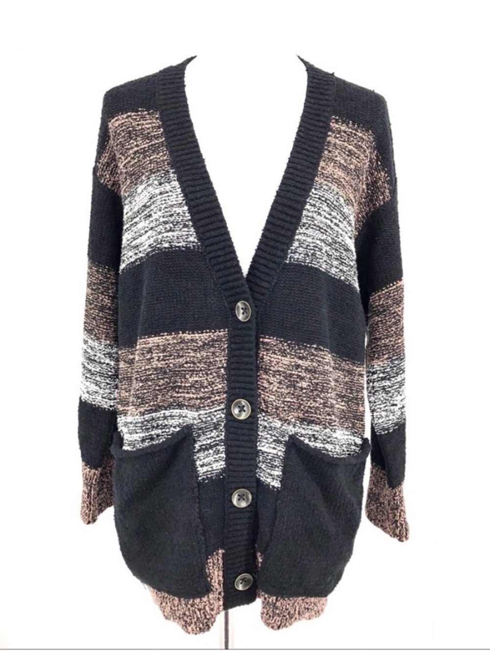 Free People Southport Beach Cardigan Black Mauve Color-Block Striped Oversized - Picture 3 of 7